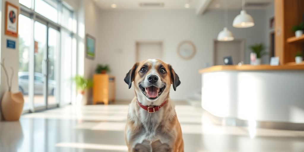 Happy dog at a clean daycare reception desk.