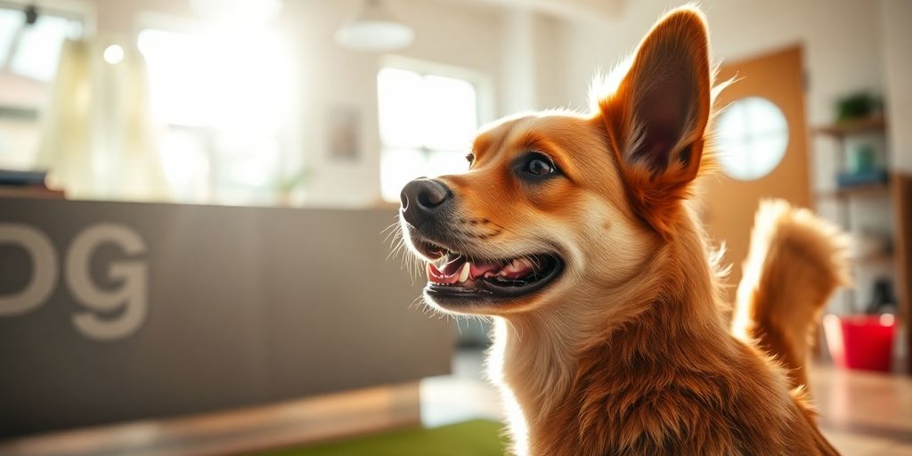 A friendly dog greeting a receptionist.