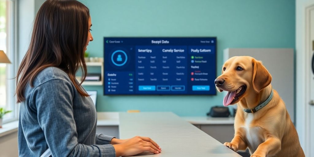 Dog daycare owner smiling with a friendly AI virtual assistant.