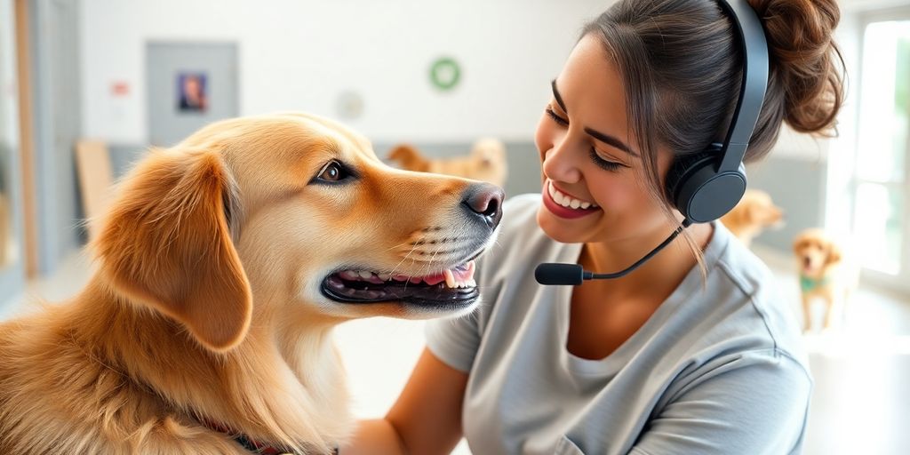 Dog daycare owner smiling while talking on a headset.