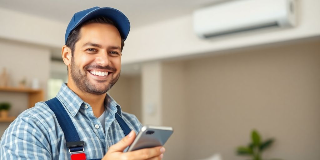 HVAC technician receiving a call on a smartphone.