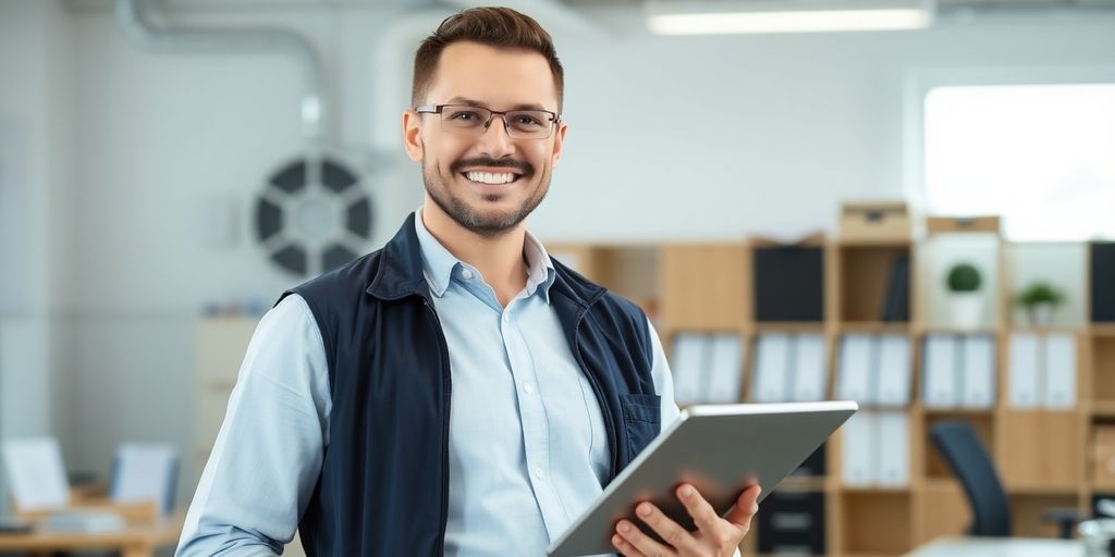 HVAC technician smiling, holding tablet, office background.
