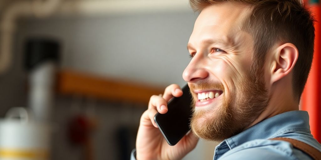Plumber talking on phone with client.