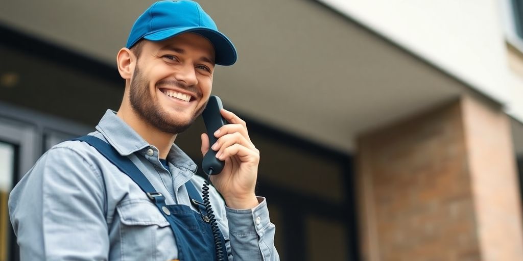 Plumber and customer interacting near a phone.