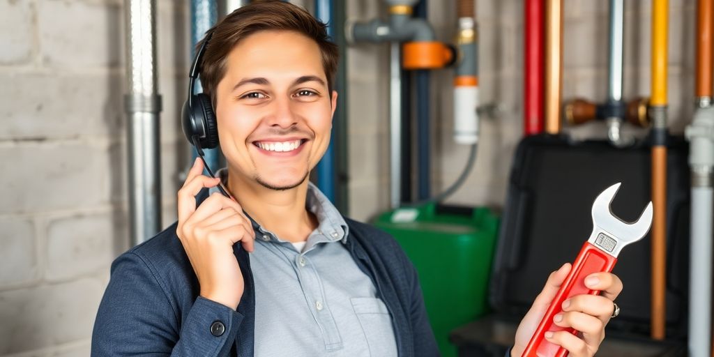 Plumber working while a virtual receptionist answers calls.