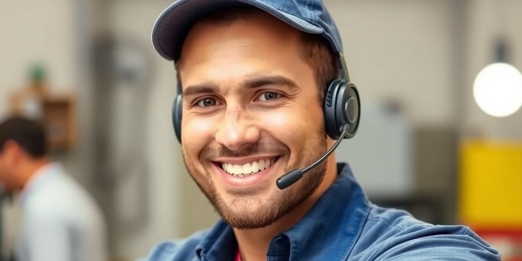 Plumber speaking with client on phone.