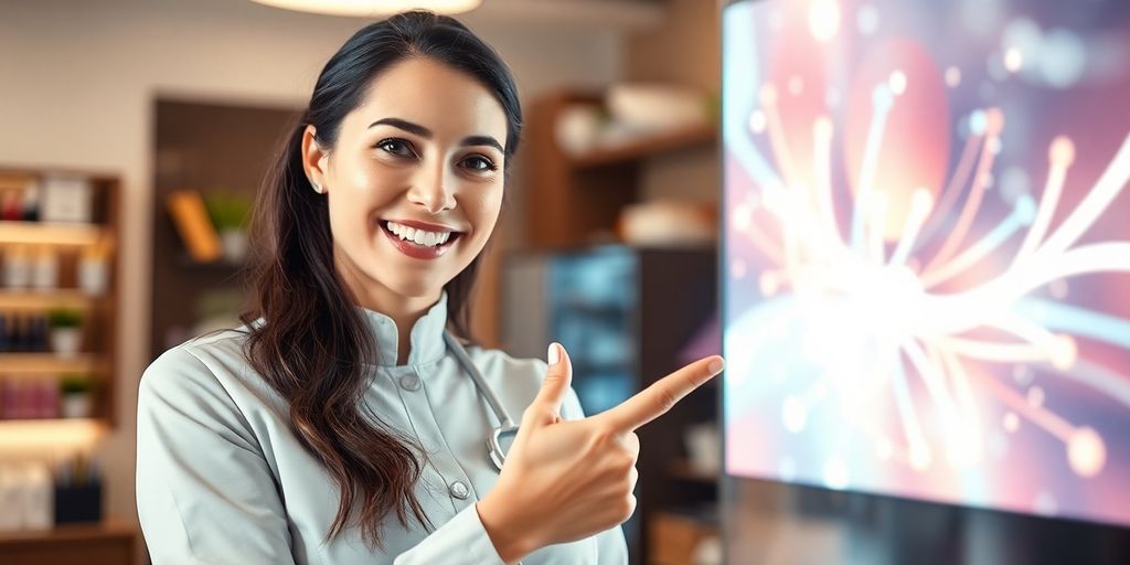 Smiling nail technician interacting with a digital interface.