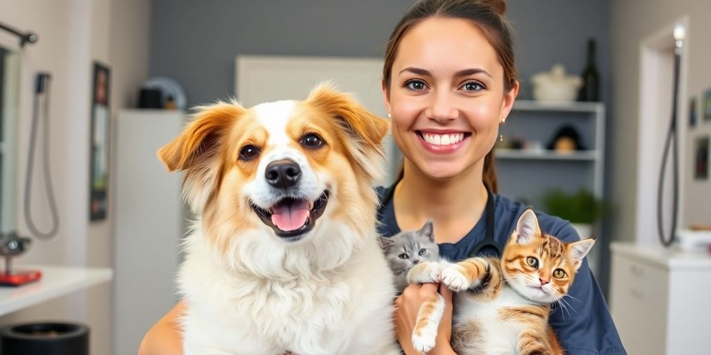Happy dog and cat with a smiling groomer.