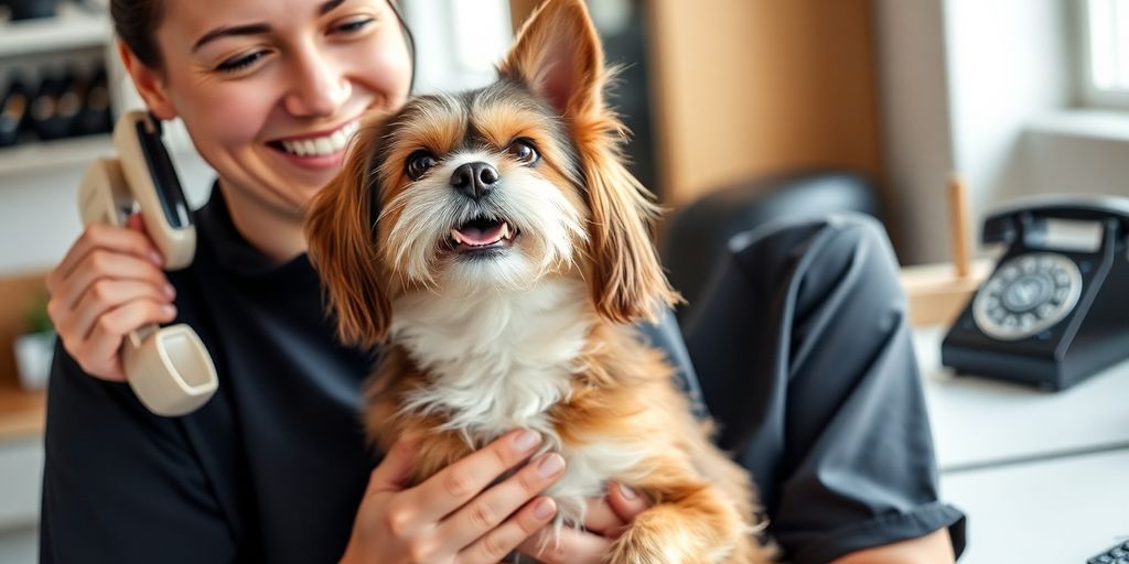 Smiling groomer holding a happy dog, phone ringing nearby.