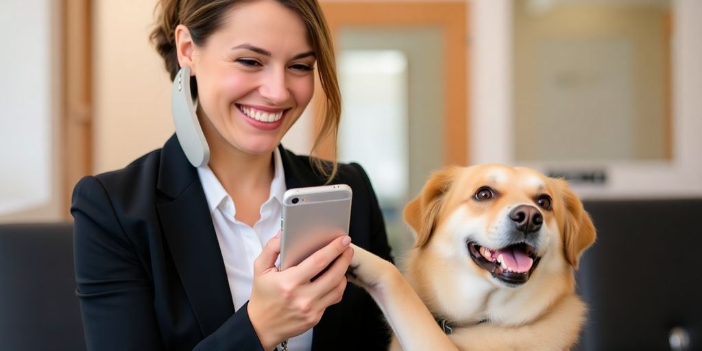 Woman on phone petting happy dog.