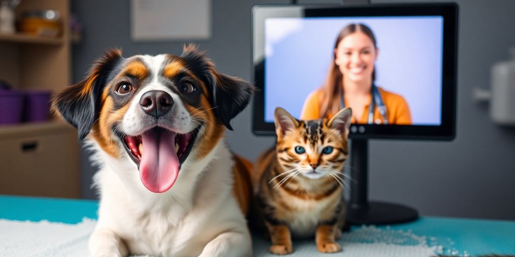 Happy dog and cat with a friendly virtual receptionist.
