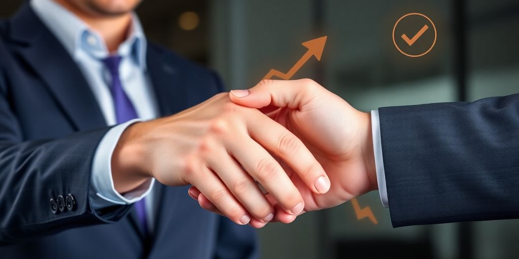 Broker shaking hands virtually, growth arrows, compliance checkmark.