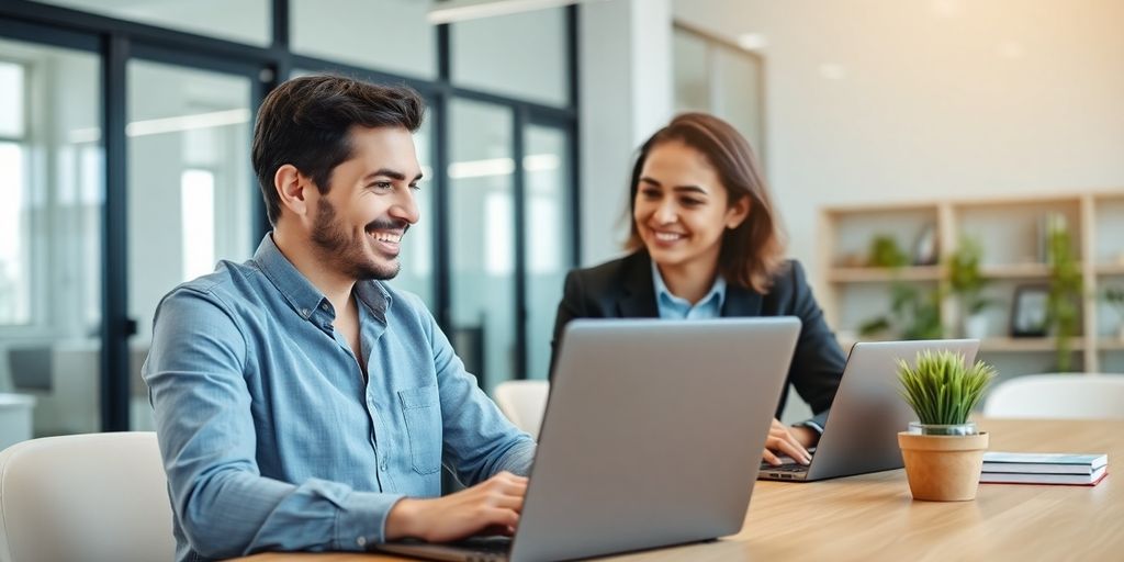 Insurance broker and virtual assistant collaborating.