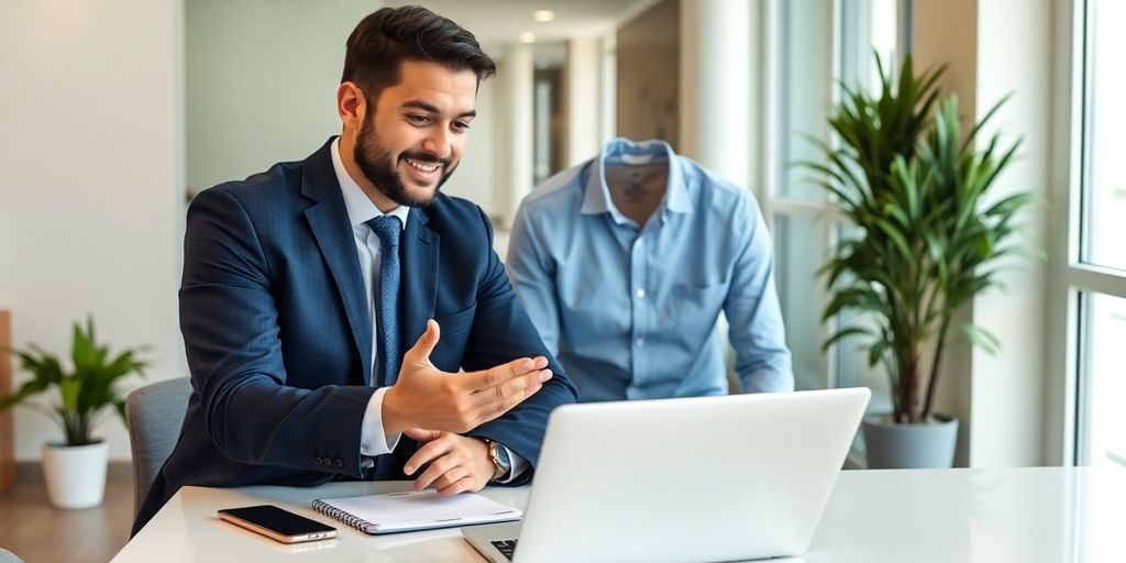 Insurance broker using laptop, smiling with virtual assistant.