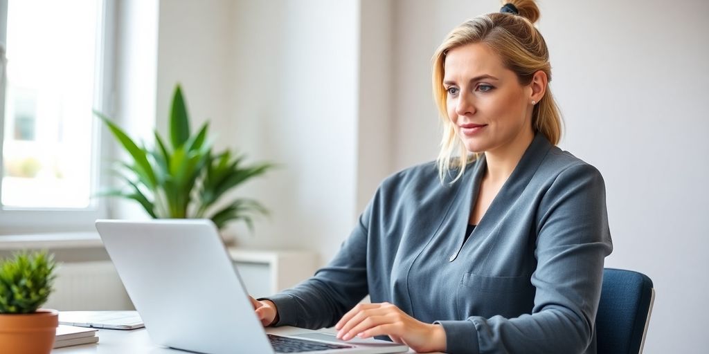 Therapist smiling, working on a laptop.