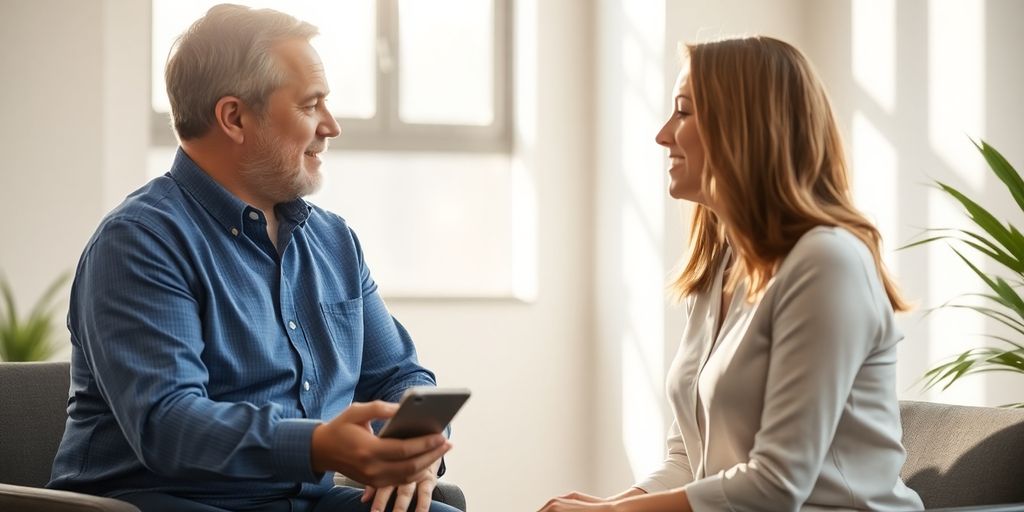 Therapist and client interacting peacefully in a modern office.