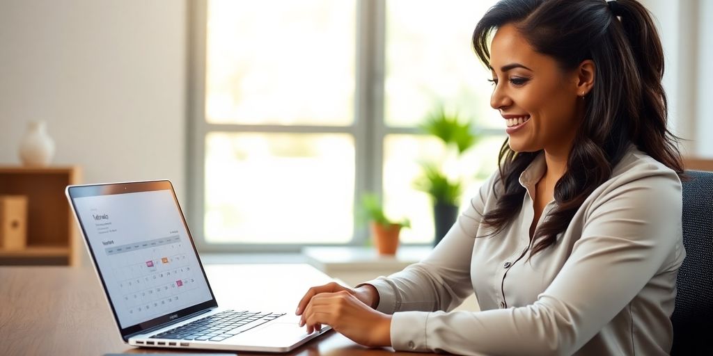 Therapist calmly reviewing schedule on laptop.