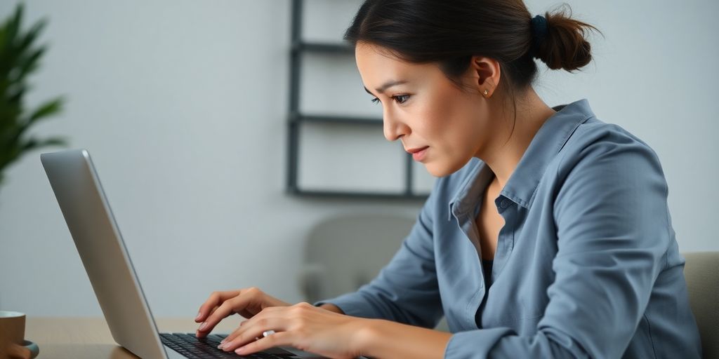 Therapist using a laptop with a calm client on screen.