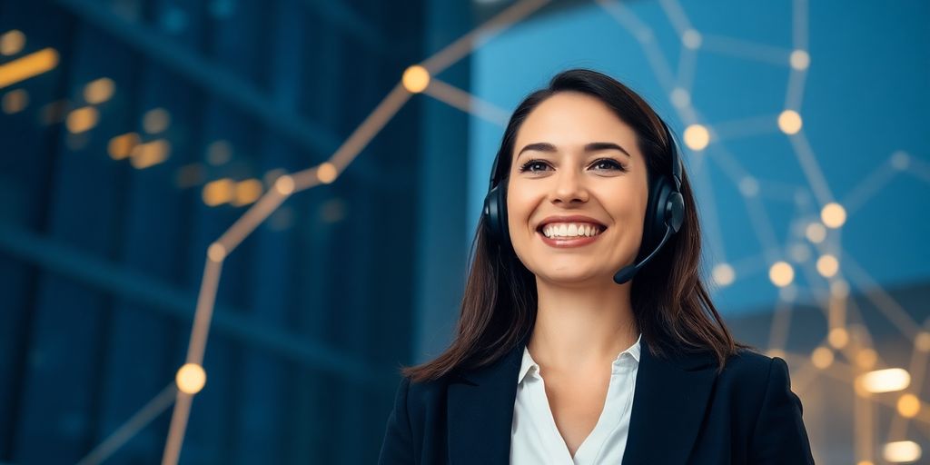 Businesswoman using phone with virtual receptionist interface.