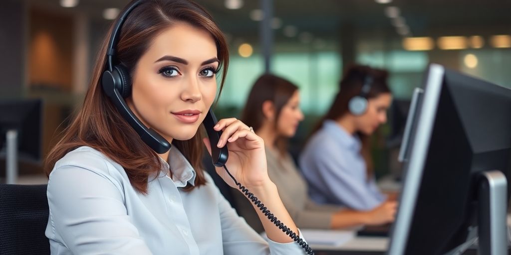 Businesswoman answering a busy phone with a calm demeanor.