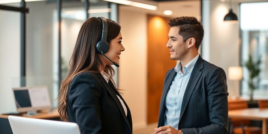 Virtual receptionist assisting a property manager with digital devices.