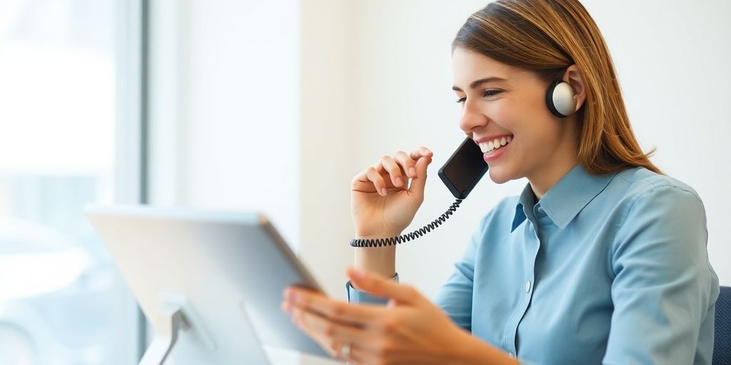 Property manager talking to tenant on phone.