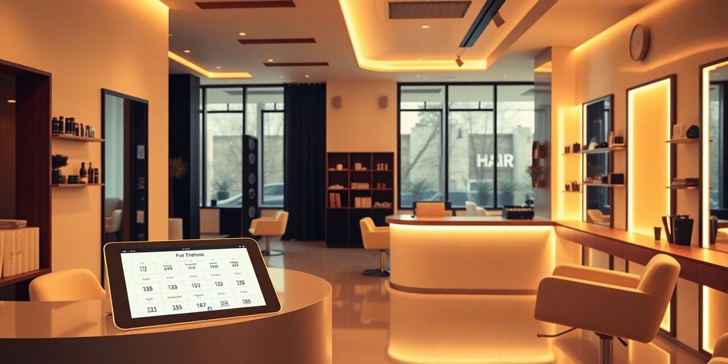 Modern hair salon interior with digital booking system.