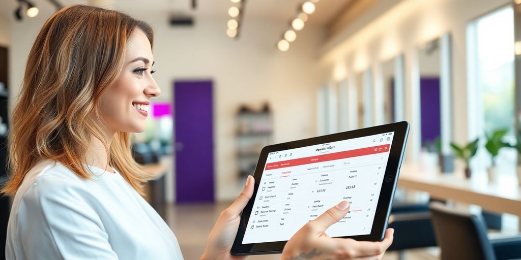 Hair salon with AI interface on a tablet.