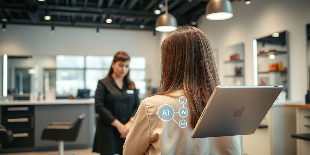 Woman using AI salon booking system on tablet.
