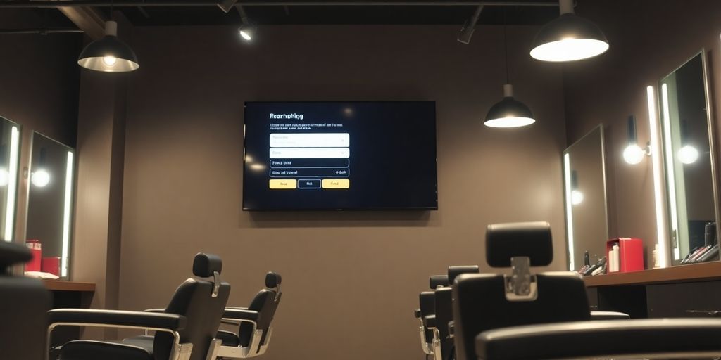 Barbershop interior with a digital screen displaying appointment options.