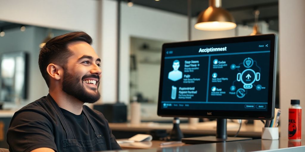 Barber and AI bot interacting at a modern barbershop.