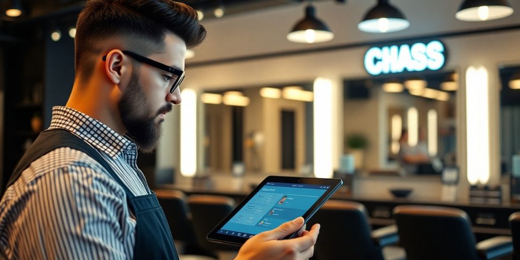 Barber using AI to manage appointments on a tablet.