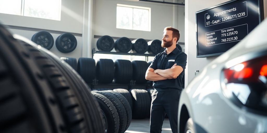Tire shop owner smiling, looking at a tablet.