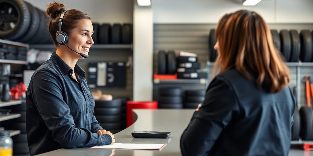 Tire shop owner smiling with a headset.