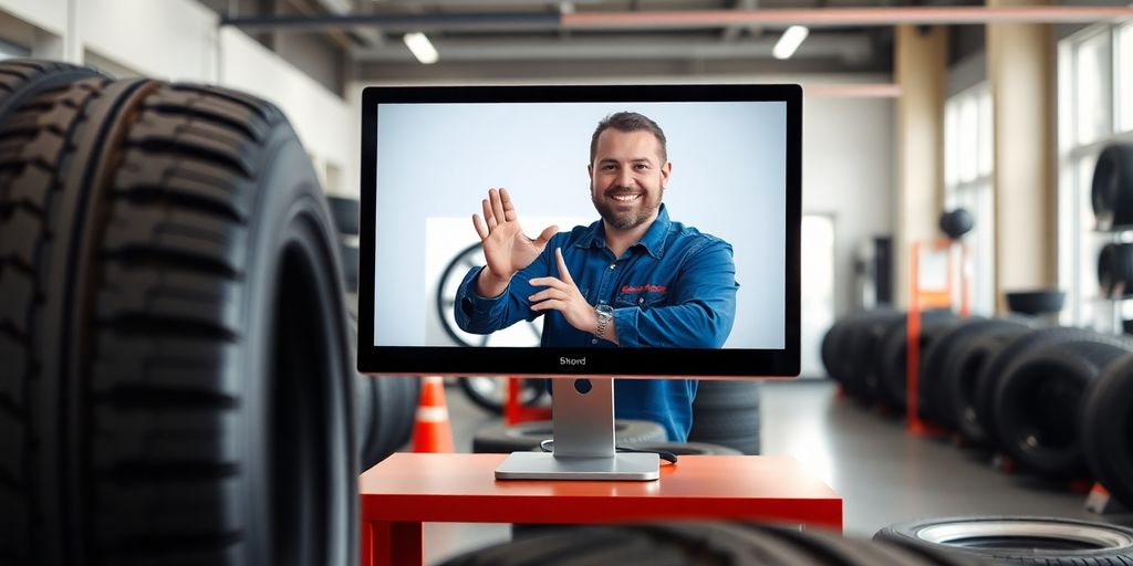 Tire shop owner smiling with virtual receptionist on screen.