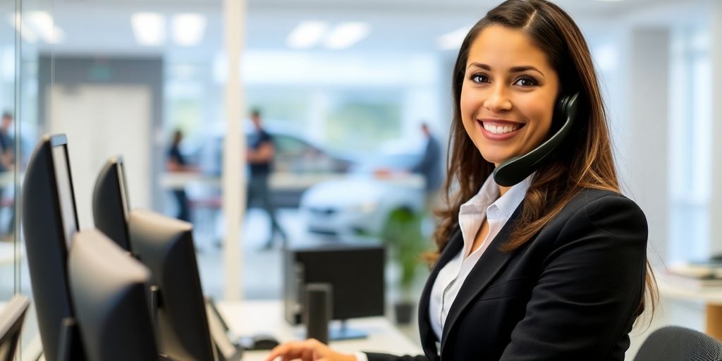 Smiling person answers phone near carpet cleaning van.