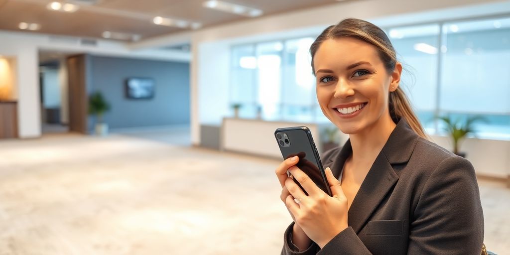 Smiling person answering a phone with a clean carpet.