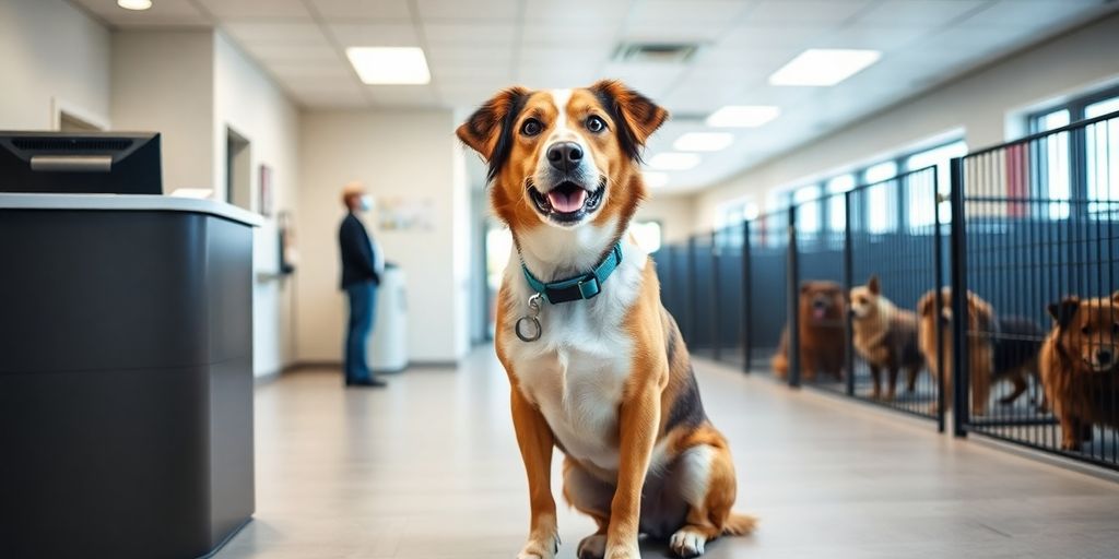 Happy dog at a kennel desk.