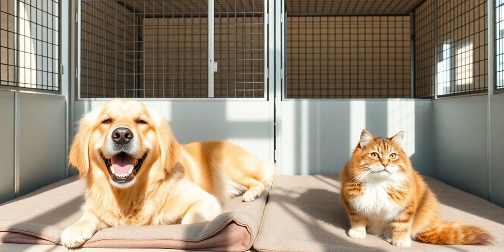 Happy dog and cat at a clean, modern kennel.