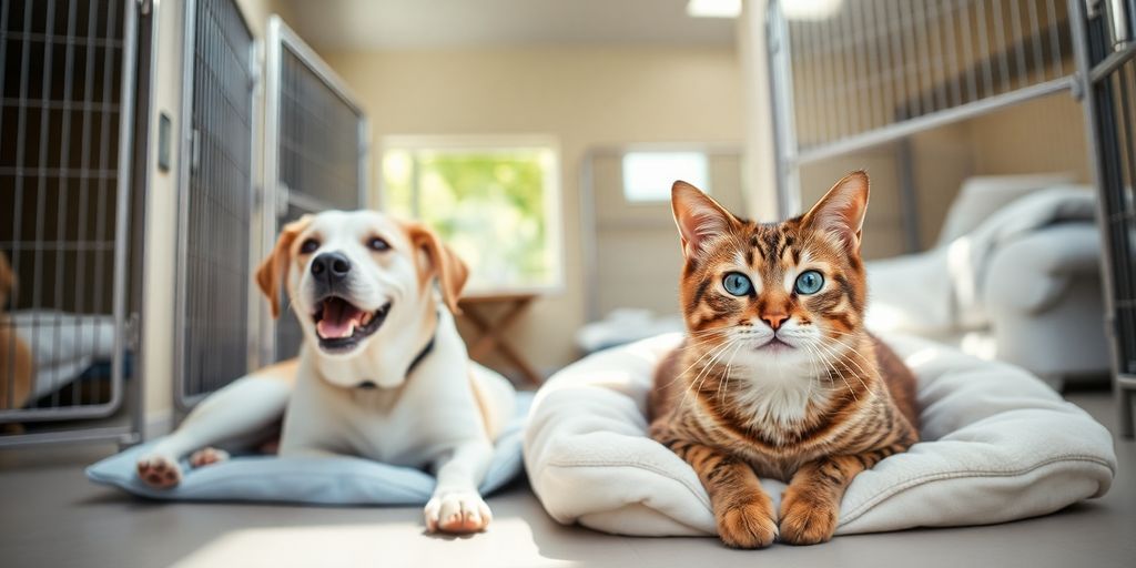 Happy dog and cat in a bright, modern kennel.