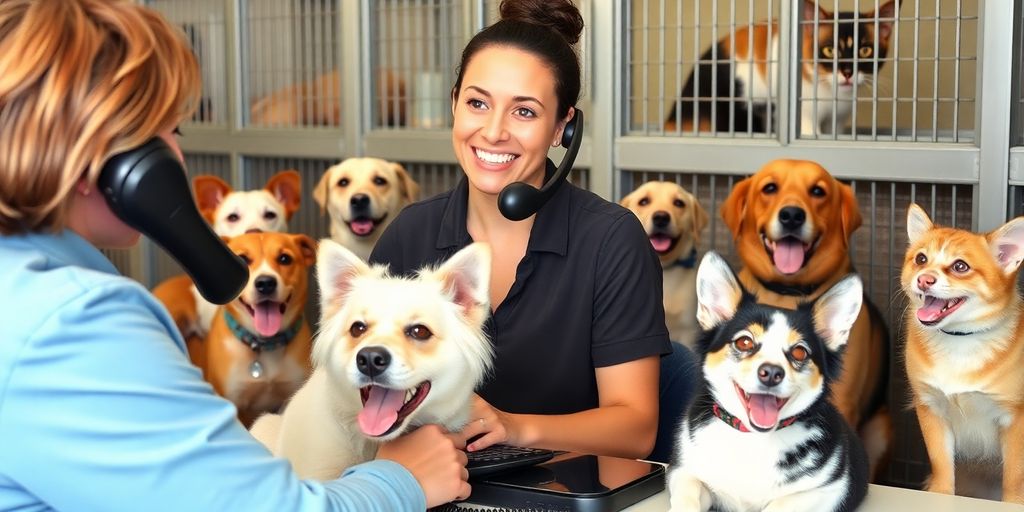 Kennel owner speaking with happy dog and cat.