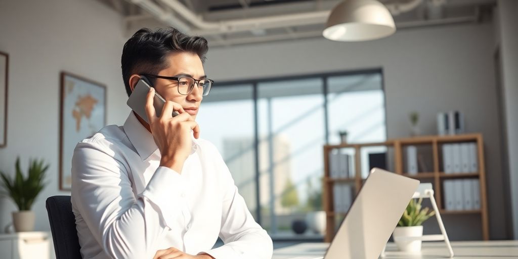 Real estate agent holding phone, smiling, bright office background.