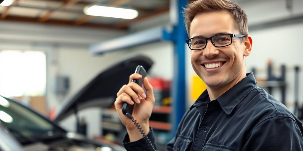 Mechanic talking to happy customer via phone.
