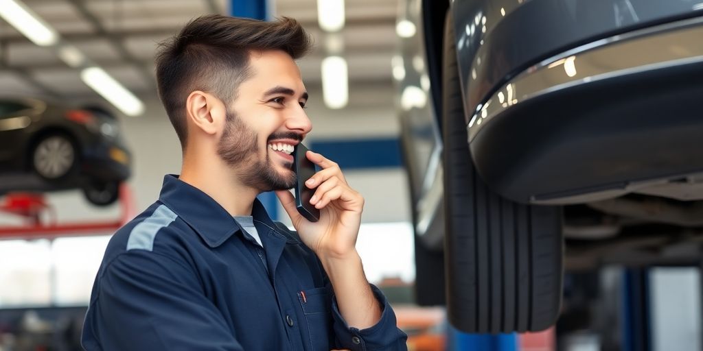 Mechanic talking on phone with happy customer.