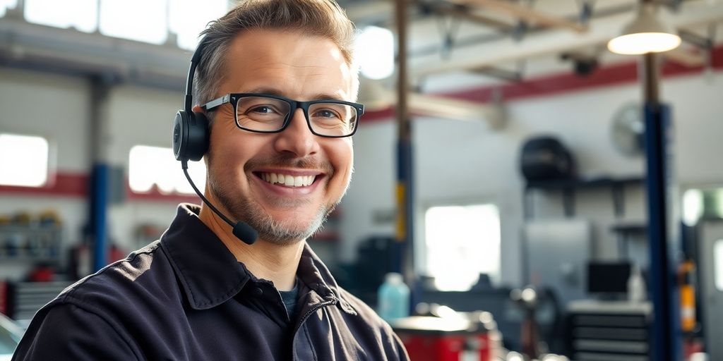 Mechanic talking on phone in professional setting.