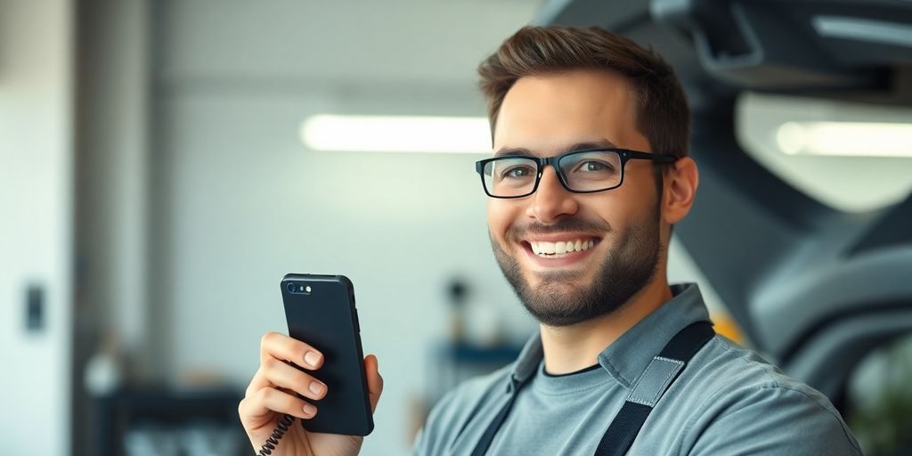 Mechanic talking on phone with happy customer.