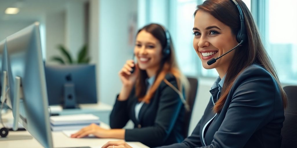 Professional woman answers calls at a modern desk.