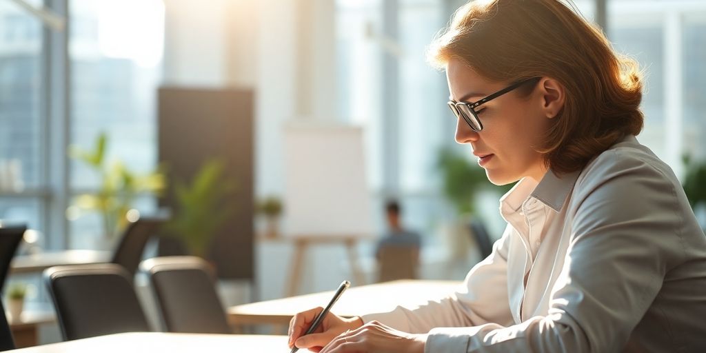 Accountant using a laptop with a professional office background.