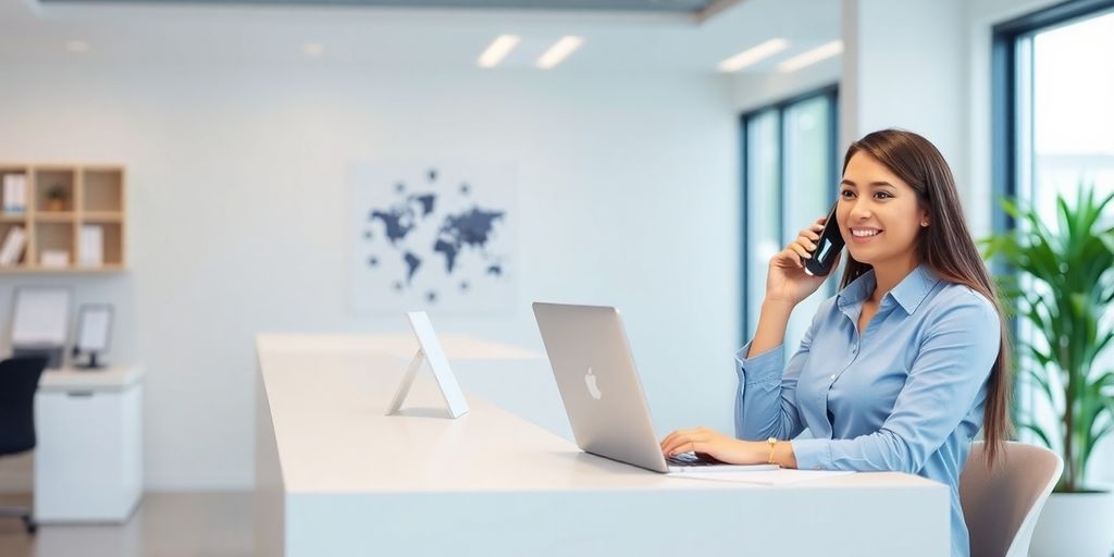 Professional woman answering a phone with a smiling demeanor.