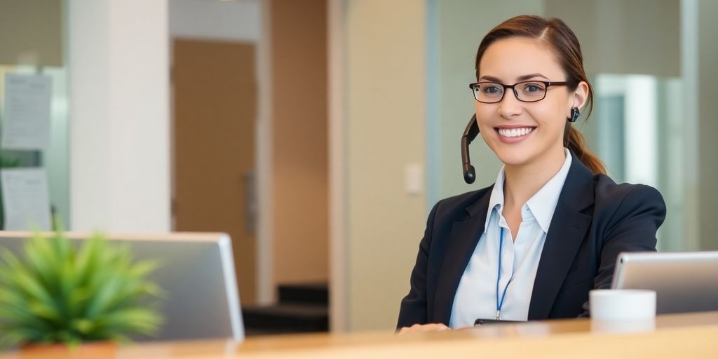 Professional answering calls, business growth.